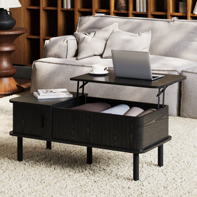 39" Lift Top Coffee Table, Fluted Modern Rectangle Center Table With Hidden Storage Space, Wood Living Room End Table With Sliding Door, For Home Office, Small Space