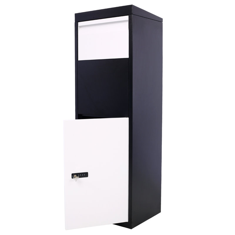 Boîte aux lettres monobloc en acier galvanisé, 35,6 x 28,7 x 106,7 cm, blanche et noire, avec serrure à code et matériel de fixation.
