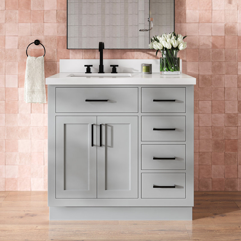 Meuble-lavabo simple en bois massif 36 po Tidworth avec plateau en quartz 1,5 po, Gauche, Forme rectangulaire, Gris