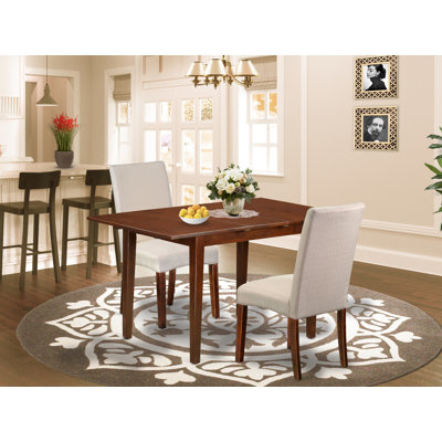 L'ensemble de table de cuisine 3 pièces comprend une table de salle à manger rectangulaire avec des feuilles papillon et 2 chaises rembourrées en tissu kaki foncé, en chêne