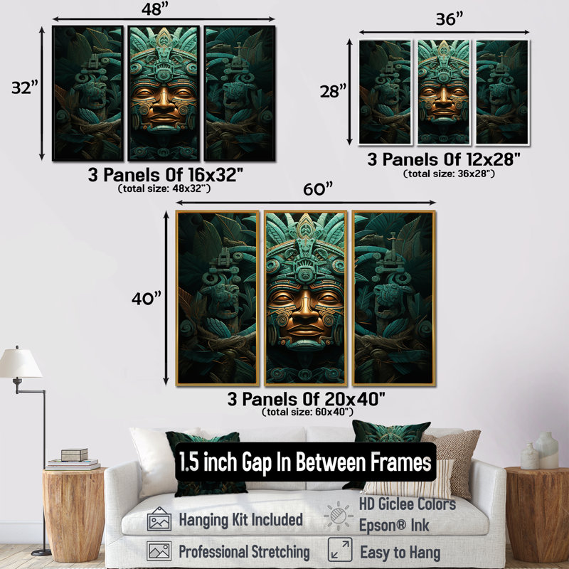 Ensemble de salon Maya Magic Aztec Mask I - art mural mexicain, H 32 po x l 48 po, Encadrement argenté