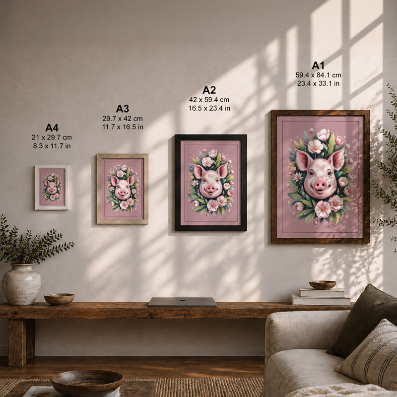 Floral Pig Portrait Boho 1 Piece Single Picture Frame Wall Art, A4 - 29.7 x 21.0 cm, Black