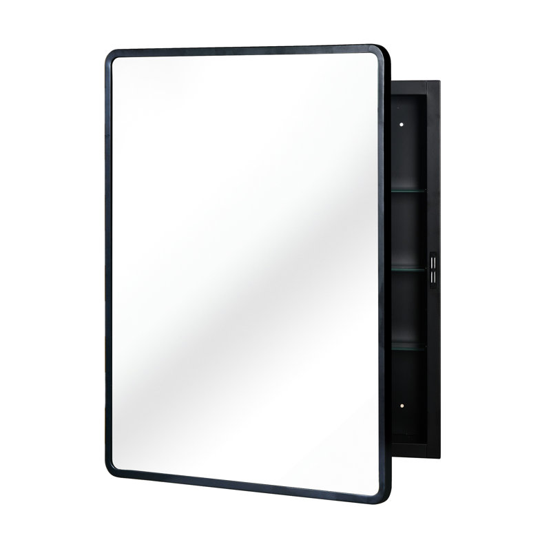 Armoire à miroir 24 po x 30 po avec cadre en métal noir - Support mural de salle de bain ou 3 tablettes réglables encastrées, compartiment encadré en verre trempé