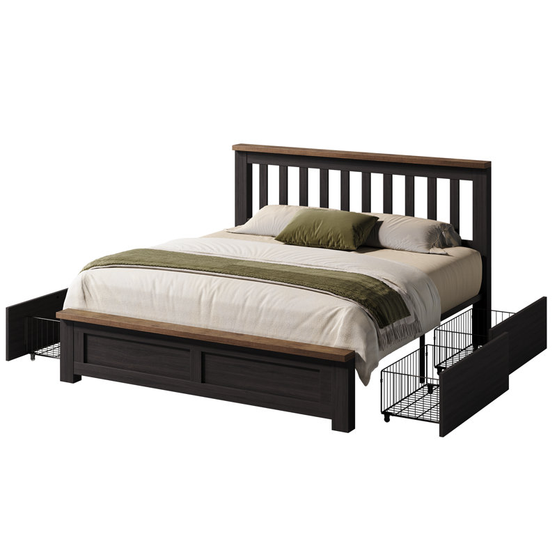 Farmhouse 4-Drawer Storage Platform Bed with Slatted Headboard and Two-Tone Wood Finish, Kingsize (5'), White