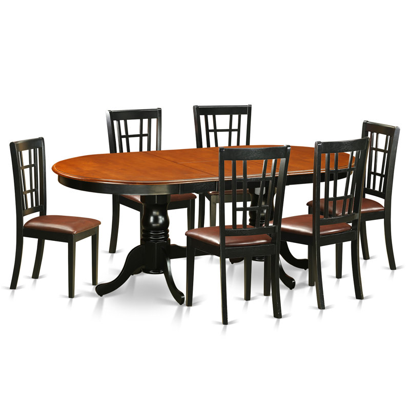 7 Piece Modern Dining Table Set Consist of an Oval Wooden Table with Butterfly Leaf and 6 Faux Leather Dining Room Chairs, Black & Cherry