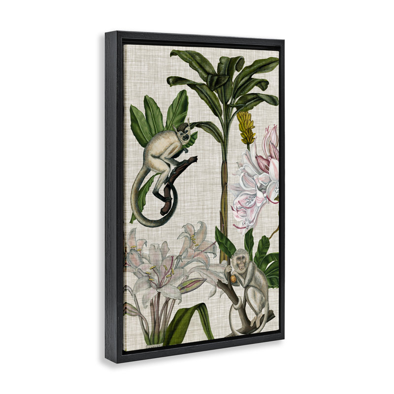 Toile flottante vintage encadrée «Monkey & Plants» par Vision Studio, H 31 po x l 21 po, Cadre flottant noir de jais