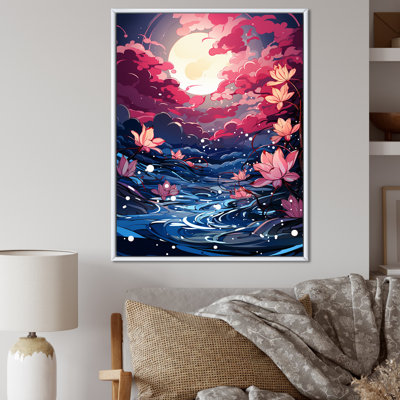 Abstrait lys roses sous une lune brillante sur toile