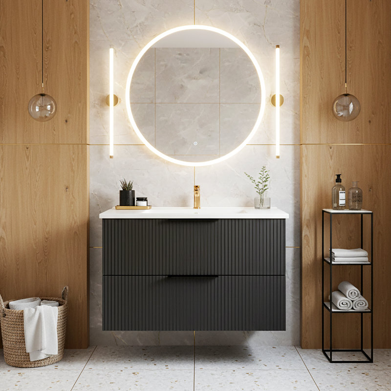Aqualuxe Modern Wall-Mounted Floating Vanity with Ceramic Sink, 30", Matte Black
