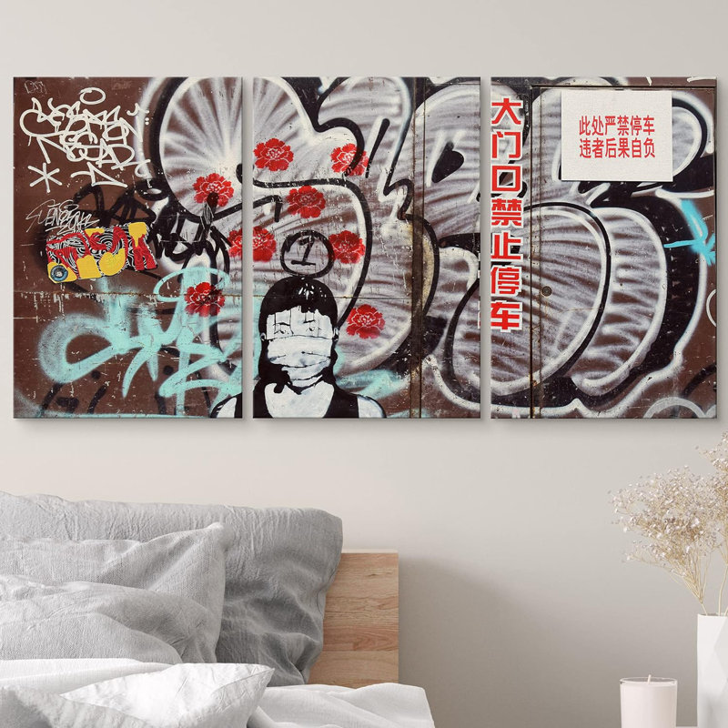 «China Masked Woman» triptyque «Graffiti & Street Art City Scenic Urban», 3 pièces, H 36 po x l 72 po x P 1,5 po