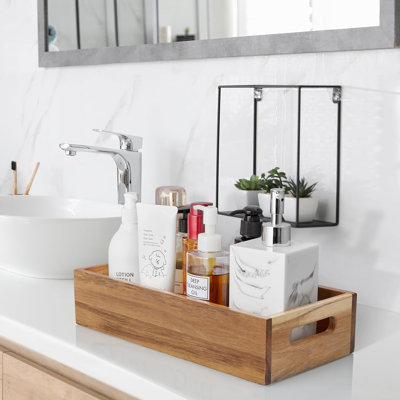 Bathroom Basket For Storage - Acacia Wood Toilet Paper Basket With Handle For Organizing - Back Of Toilet Storage Organizer For Bathroom Tank Topper Counter - Farmhouse Bathroom Decor Box