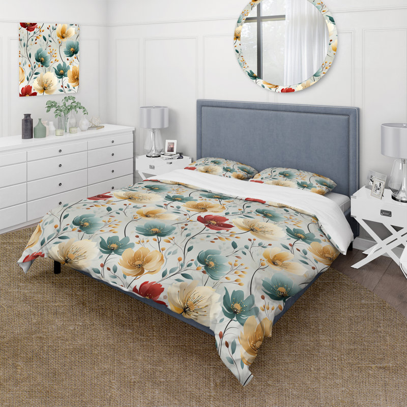 Literie Hasim multicolore à motif floral minimaliste, Housse de couette pour grand lit et 2 taies décor