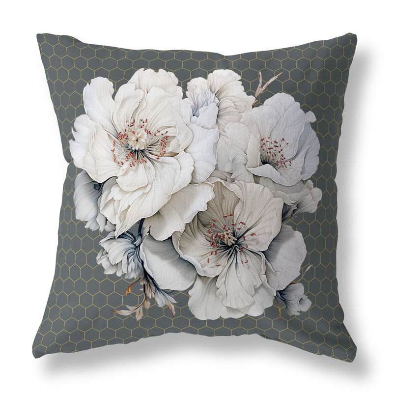 Coussin décoratif intérieur / extérieur Magnolia Majesty, H 18 po x l 18 po, Blanc / multicolore / gris