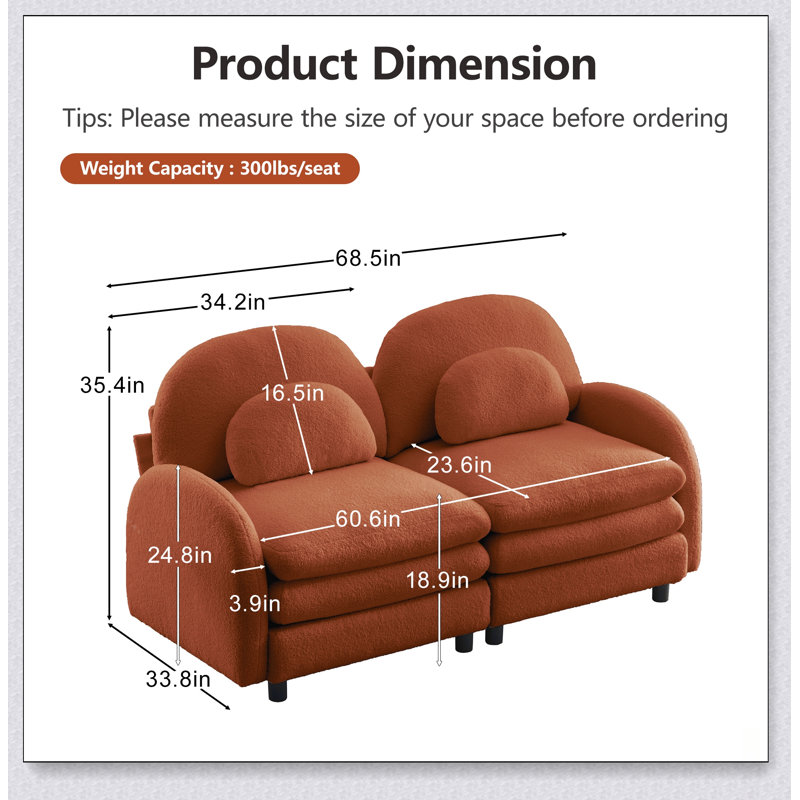 Canapé deux places modulable 2 places en tissu Teddy doux comme un nuage, dossier et accoudoirs incurvés avec soutien lombaire, coussin double couche