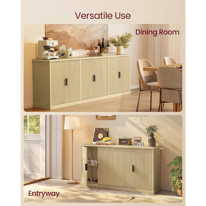 Buffet cannelé Mid-Century avec tablettes réglables, chêne beige
