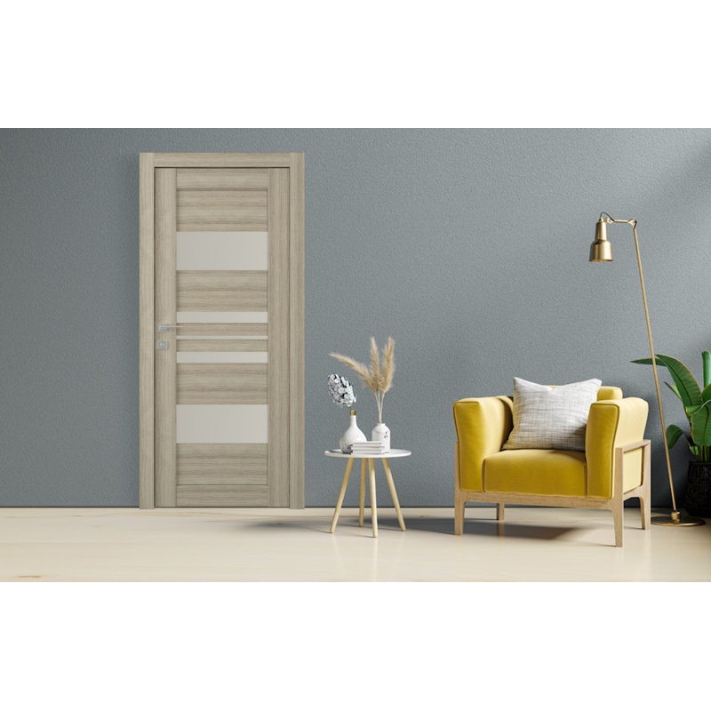 Porte simple pré-suspendue standard en bois manufacturé massif et en verre Romi, À droite, Pin, 24 po x 96 po