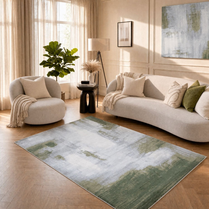 Elaris Collection Rectangle Abstract Area Rug, Green/Light Grey, 200X290 cm