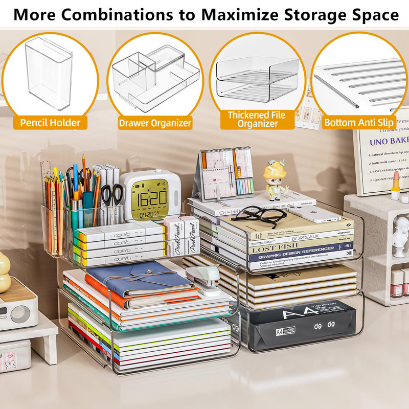 Acrylic Stackable Desktop File Organizer With 5-Compartment Tray And Pencil Holder, Clear