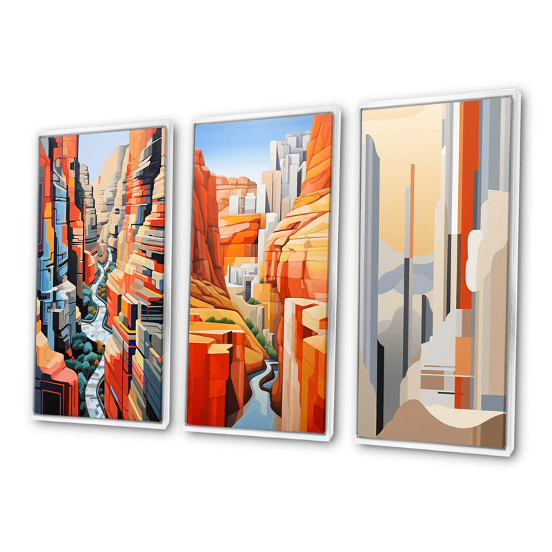 Paysage de canyon inspiré de Stijl, H 28 po x l 36 po, Cadre flottant blanc
