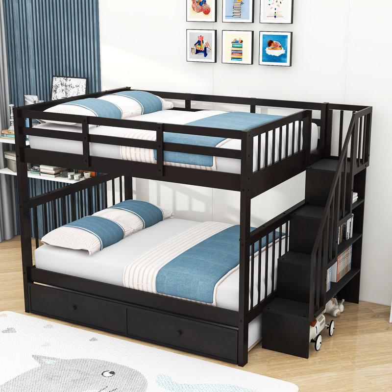 Doresha Kids Bunk Bed with Trundle, Espresso, Full Over Full