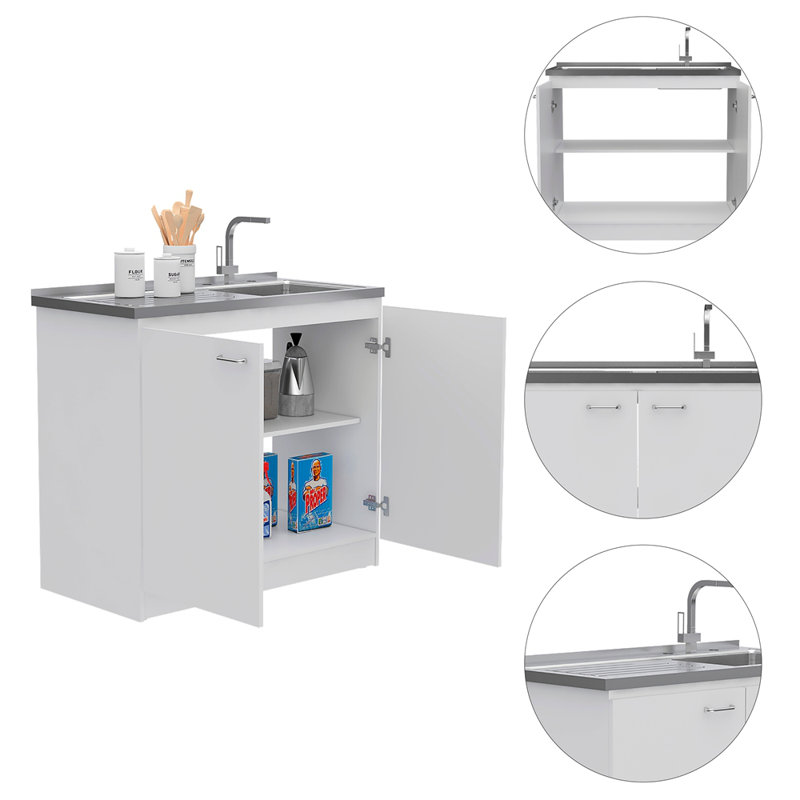 Lavabo utilitaire rectangulaire et armoire à 2 portes, Blanc, Naturel