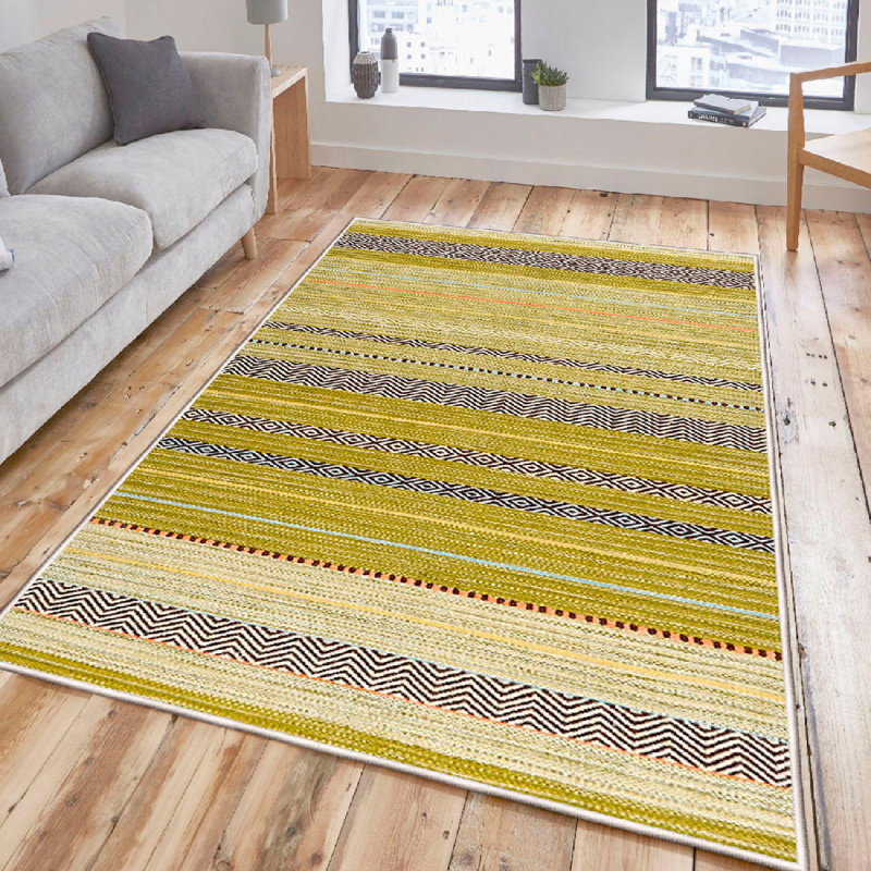 Premium 100% Cotton Area Rug, 39.4 x 59.1 inches | Antibacterial, Non-Slip PVC Underside, 0.28 in Pile Height | Machine Washable, Soft Dot Base | Stylish White, Yellow, Green & Black Design for Home Decor