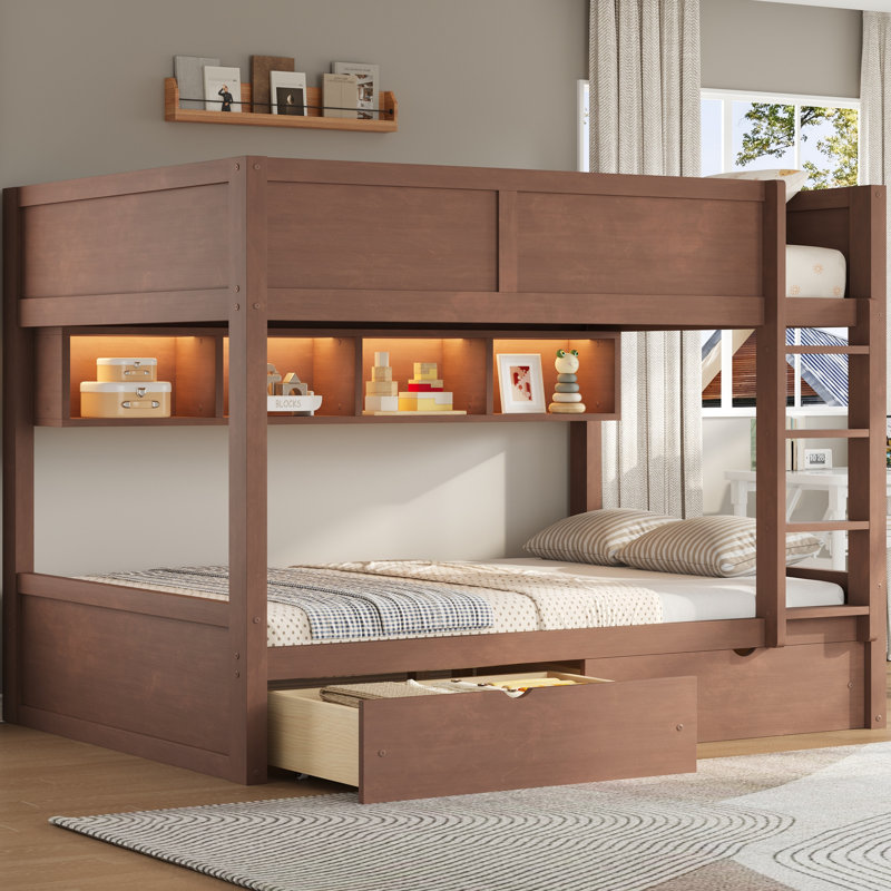 Lit superposé double TG avec armoires de rangement, lumière DEL, 2 tiroirs - bois de pin robuste et sécuritaire, brun, Brun