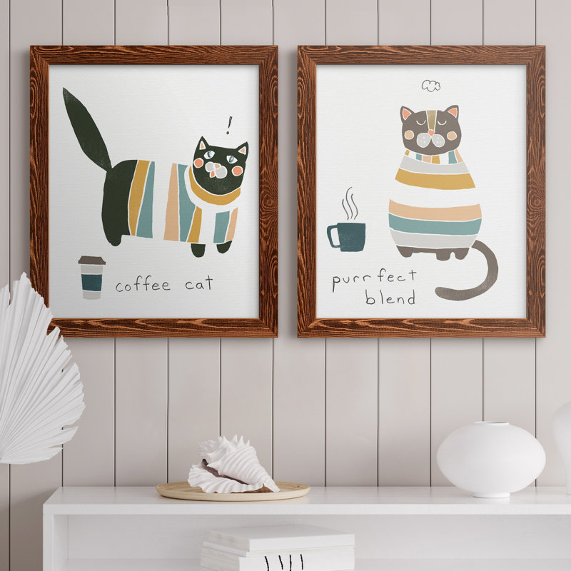 Coffee Cats III - ensemble de 2 reproductions d'art textuel sur toile, H 20 po x l 17 po x P 1 po, Toile avec cadre érable