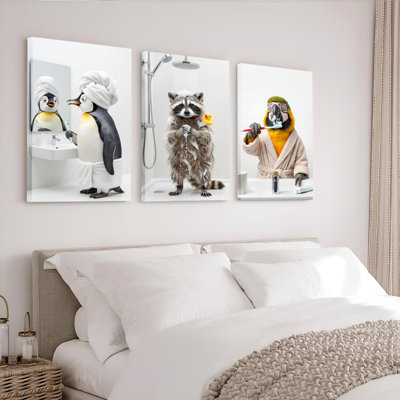 Pingouin, raton laveur et perroquet, salle de bain, toile tendue, reproduction d'art sur toile, ensemble de 3
