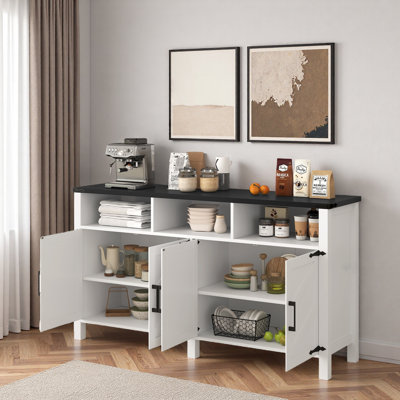Modern 4-door Sideboard Buffet With Power Outlets, Usb Ports, Adjustable Shelves, Open Storage Cabinet And Aluminum Handles