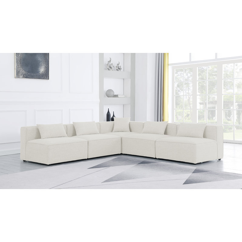 Cube Upholstered L-Shaped Sectional Reversible, Cream Linen Textured Fabric - Armless