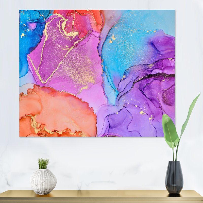 Mauve et bleu abstrait luxueux fluide - Peinture sur toile, H 34 po x l 44 po, Toile tendue
