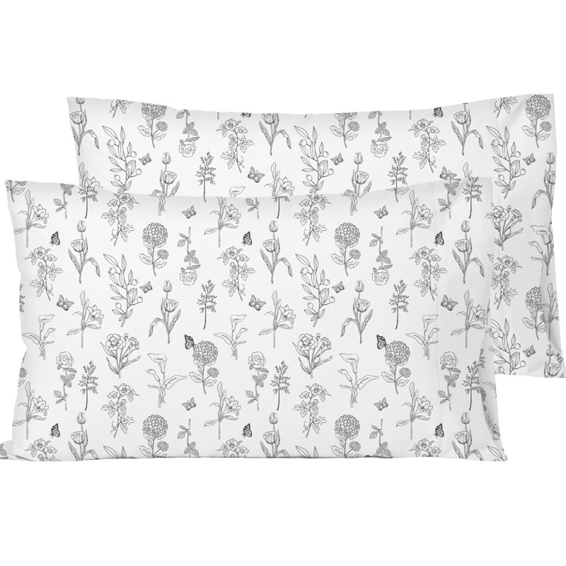 Digital Printed Patterned Fabric Pillowcases Set, Black Floral, King Pillow Case