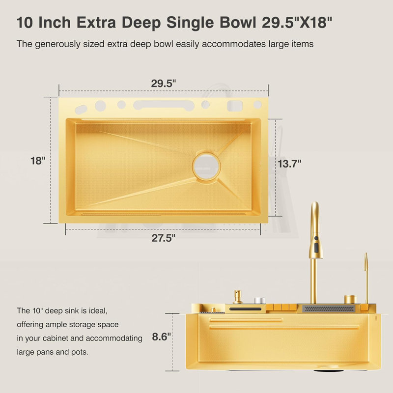 Brushed Gold Stainless Steel 30" Drop In Kitchen Sink Top Mount Single Bowl w/Kitchen Facuet