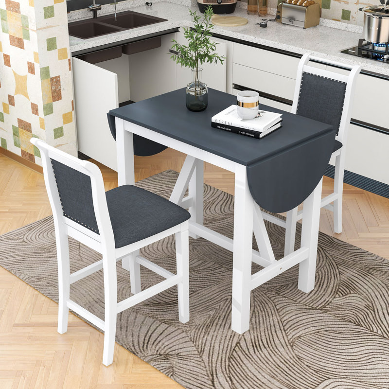 Bibeta 3 - Piece Extendable Trestle Dining Set, Wood Table with Drop Leaf and Upholstered Chairs, Dark Gray, White, White