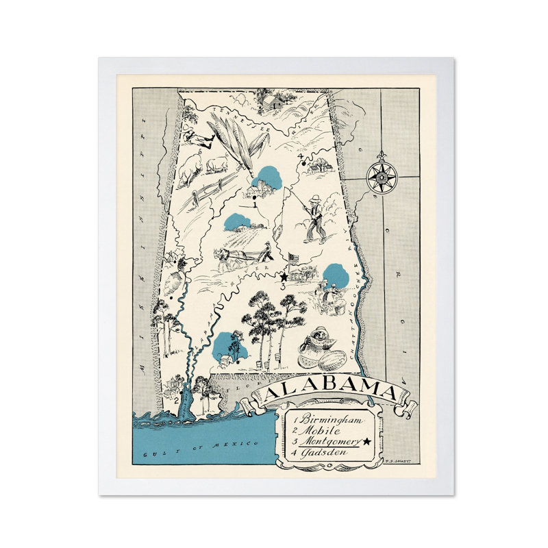 Carte illustrée de l'Alabama, Affiche, H 24 po x l 32 po, Encadrement blanc