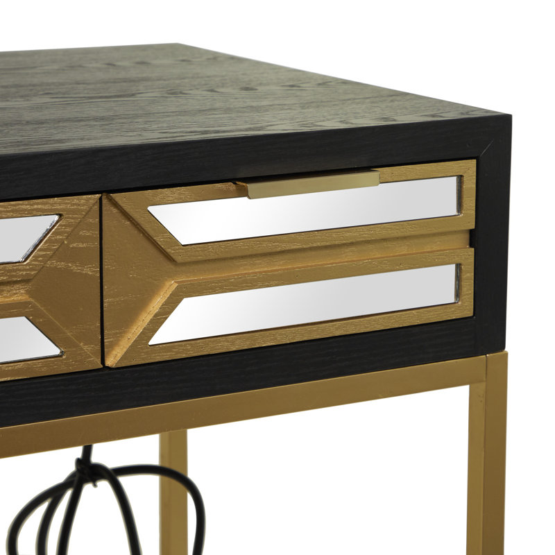 Thetisa Wooden 3 Drawers Desk with Mirrored Front and Outlet, Black/Gold