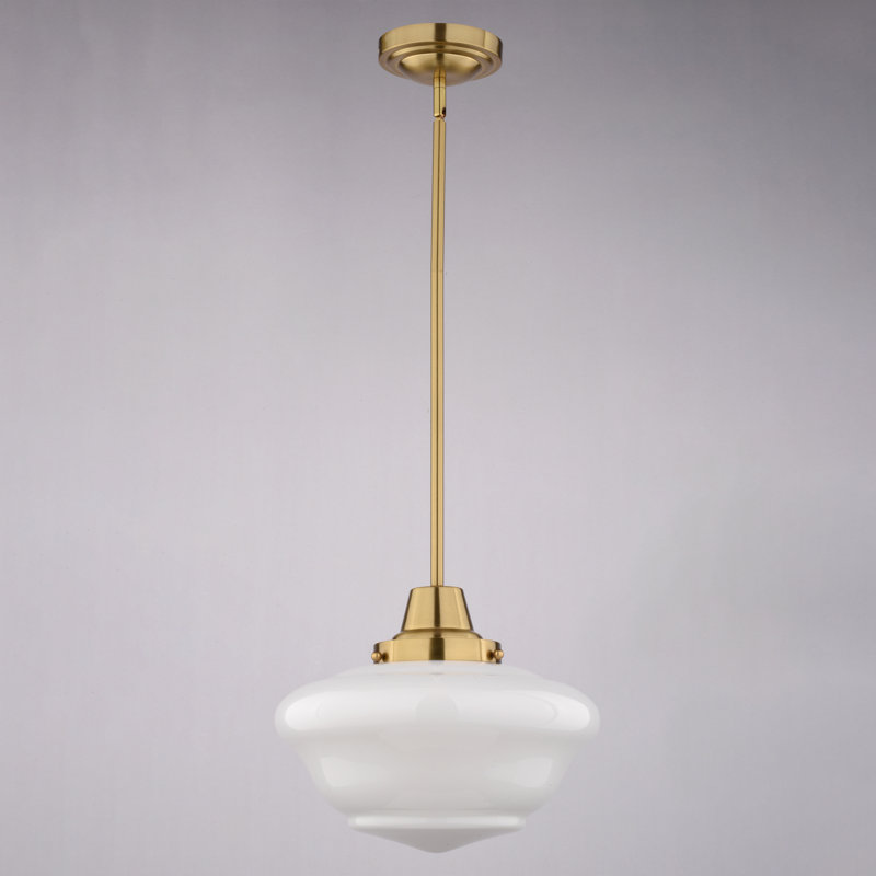 Eastgate 1-Light 12 in. Wide Antique Gold Schoolhouse Mini Pendant with White Frosted Opal Glass Shade, Adj Height Hanging Ceiling Fixture for Dining Table, Kitchen, Entryway, Island, Foyer
