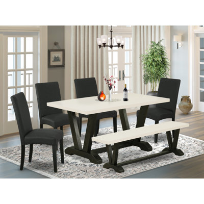 6-Piece Dining Set Includes a Linen White (Off-White) Rectangular Table and a Small Bench and 4 Black Linen Fabric Parson Chairs with High Back - Wire Brushed Black Finish
