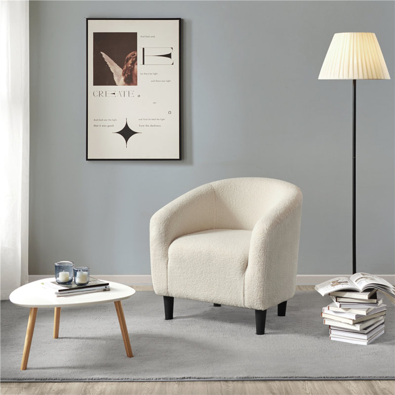 27”Wide Upholstered Solid Wood Barrel Accent Club Chair, Ivory Polyester Blend