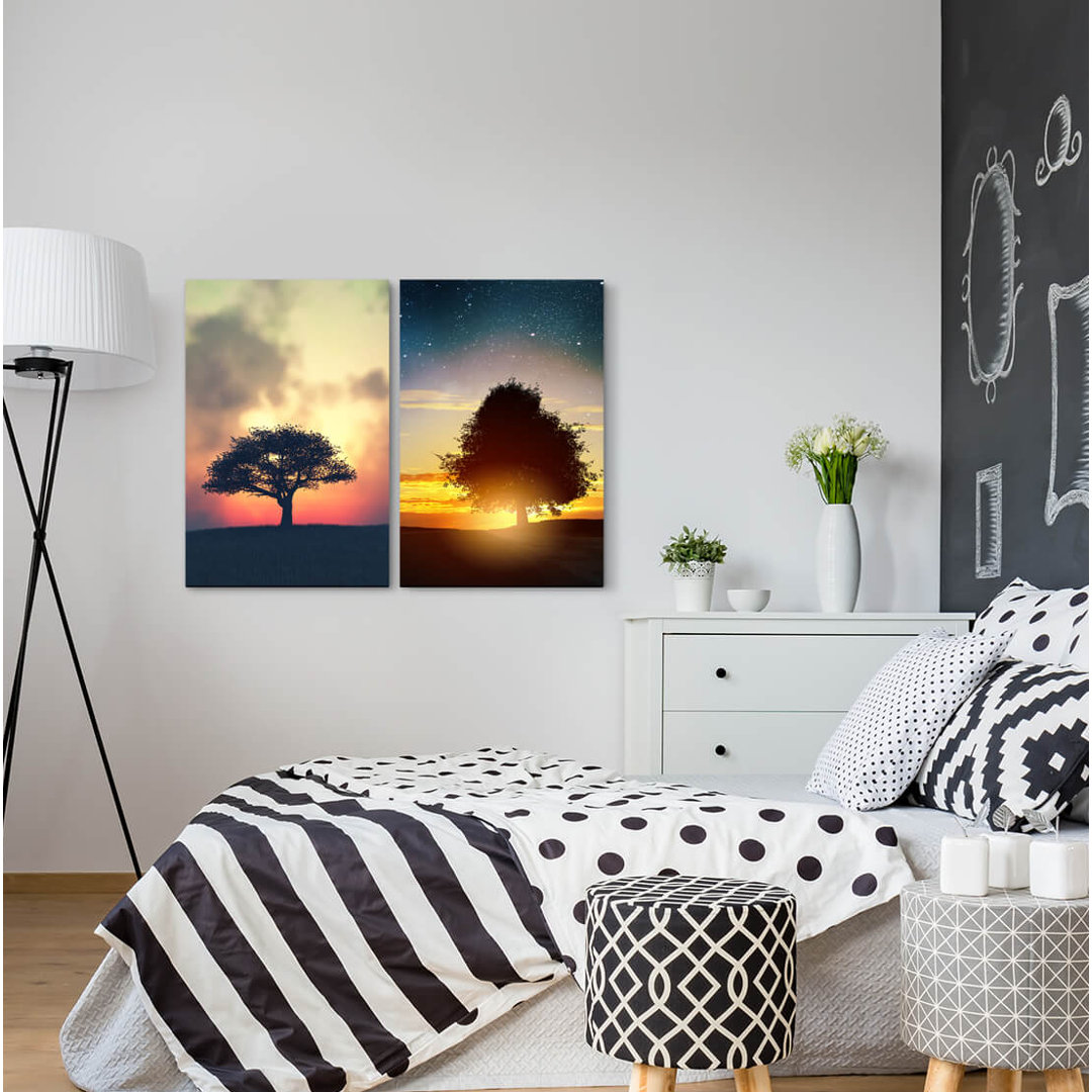 2-tlg. Leinwandbilder-Set - Fotografie „Tree Lonely Field Sunset Evening Red Glow Sky Summer Night”