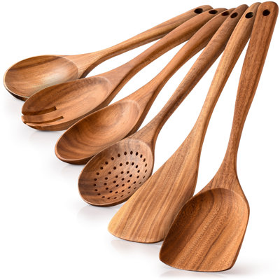 Zulay Kitchen Premium 6 Piece Wooden Spoons - Smooth Finish Natural Teak Wood Utensils for Cooking -  Z-WDN-CKNG-UTNSL-ST1