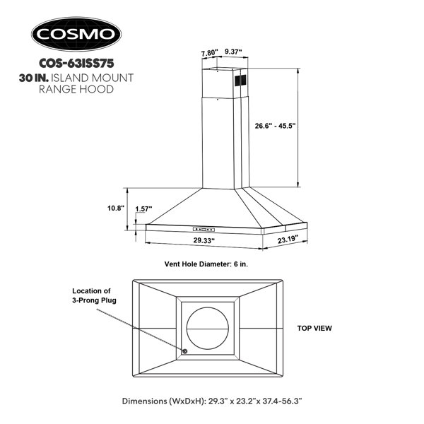 Cosmo Appliances COS-63ISS75-DL-PA 30-in Ductless Stainless Steel Island Range  Hood with Charcoal Filter