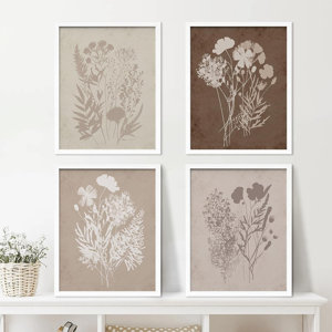 Vibrant Wildflower IDEA4WALL Framed Grunge Forest Flower Bouquet Wall Art, Set Of 4 Nature Wilderness Wall Decor Prints, Botanical Floral Wall Decor For Living Room, Bedroom Framed 4 Pieces Print