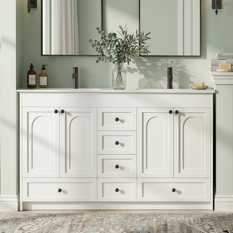 Meuble-lavabo double autoportant blanc 47 po avec comptoir encastré en céramique 47 po