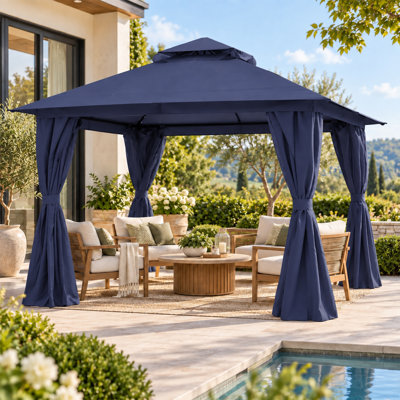 Gazebo de terrasse souple de 3 x 3 m avec auvent à deux niveaux, moustiquaire et rideaux d'intimité, structure en acier galvanisé pour terrasse et jardin.