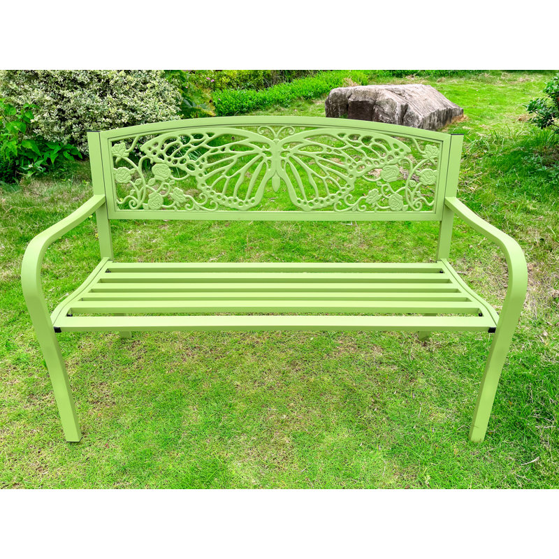  50" Outdoor Metal Garden Bench with Butterfly Backrest Design, Green