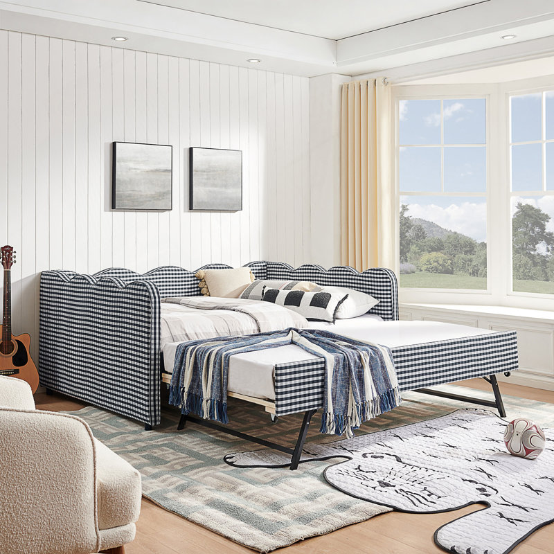 Lit de jour en vichy double avec lit gigogne simple et sans sommier, avec port USB, Marine