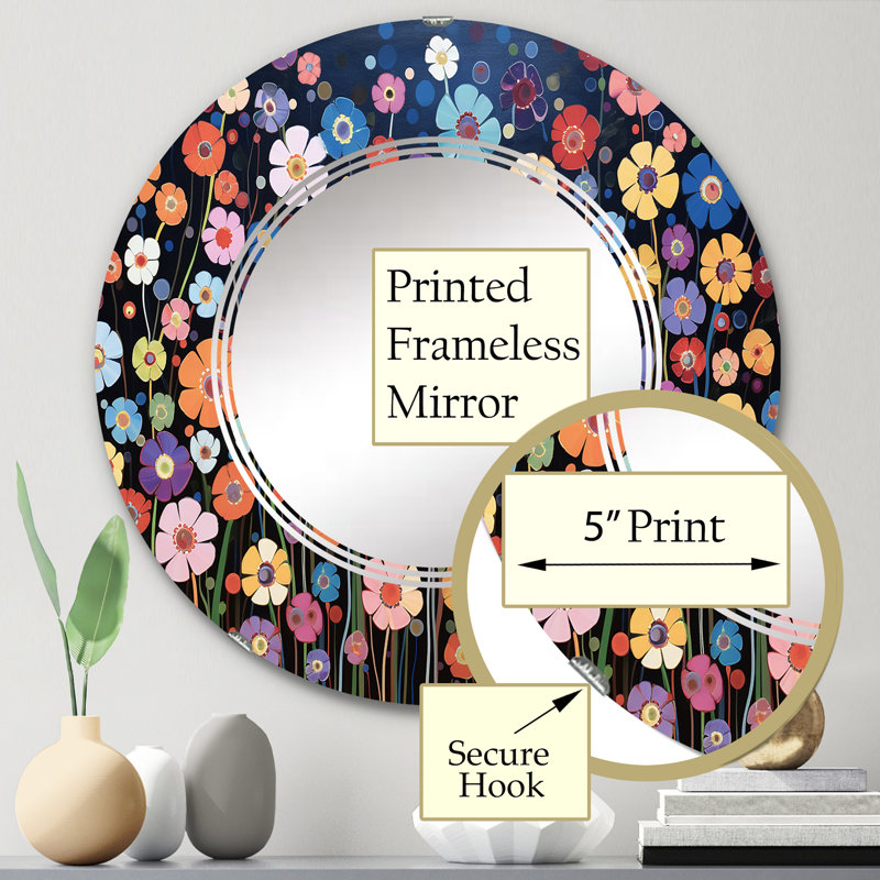 Abstract Colorful Wildflowers Kaleidoscope Circle Mirror, 24" x 24"