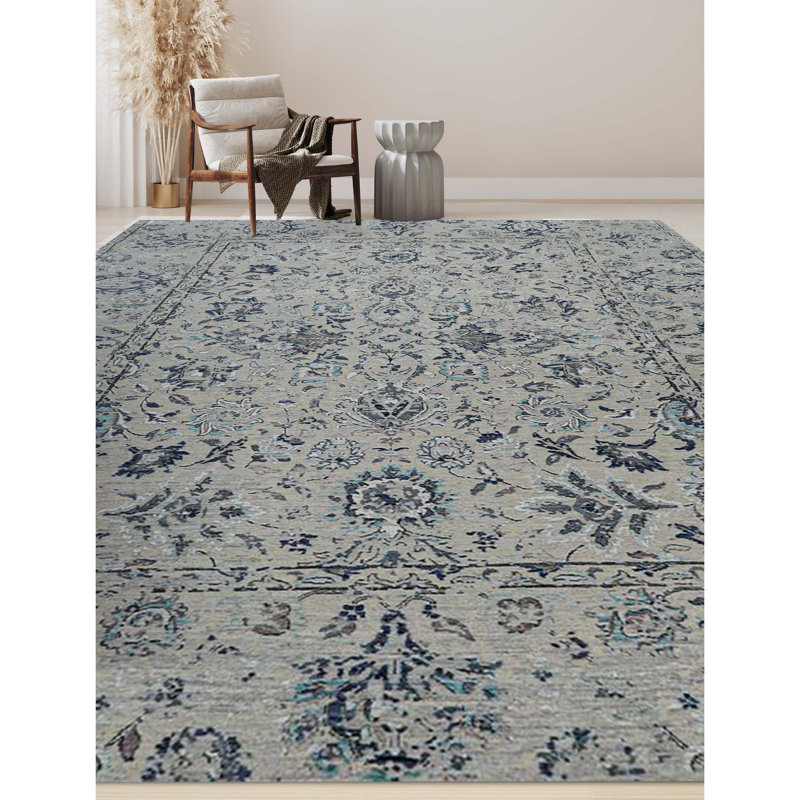 Tapis argenté et multicolore noué à la main de haute qualité