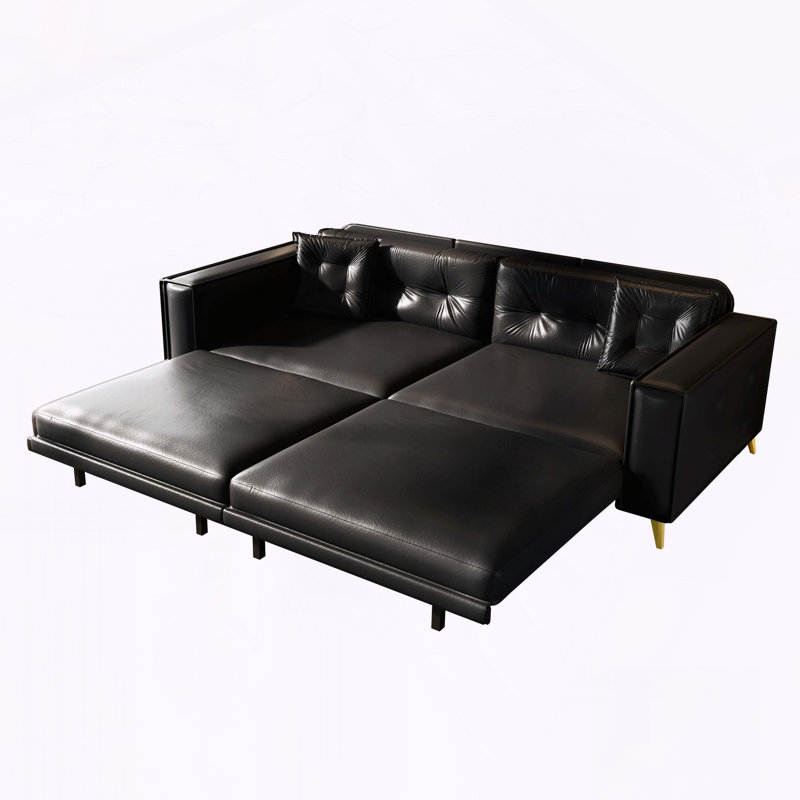 Très grand canapé-lit gigogne escamotable en similicuir avec un design moderne capitonné et de larges accoudoirs, Noir